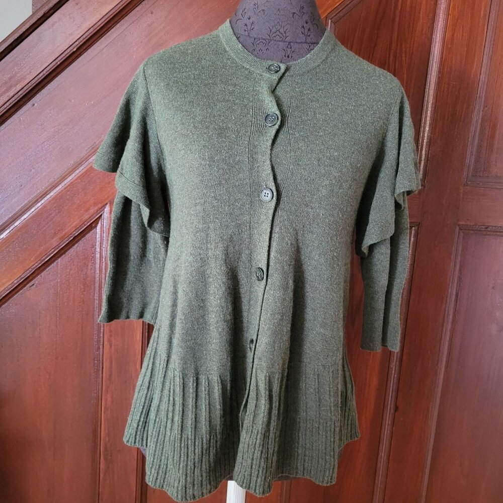 Anthropologie Left of Center Ruffled Sleeve Cardigan Sweater Womens XS Green Woo